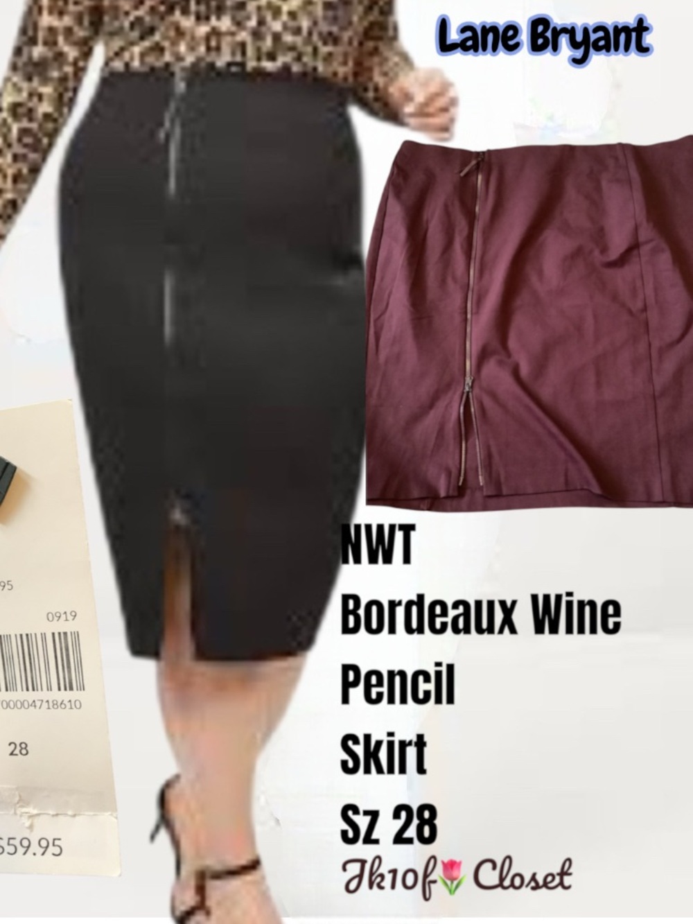 LOWEST🌺NWT LANE BRYANT Sz 28 Wine/Burgundy ZIP FRONT PENCIL SKIRT